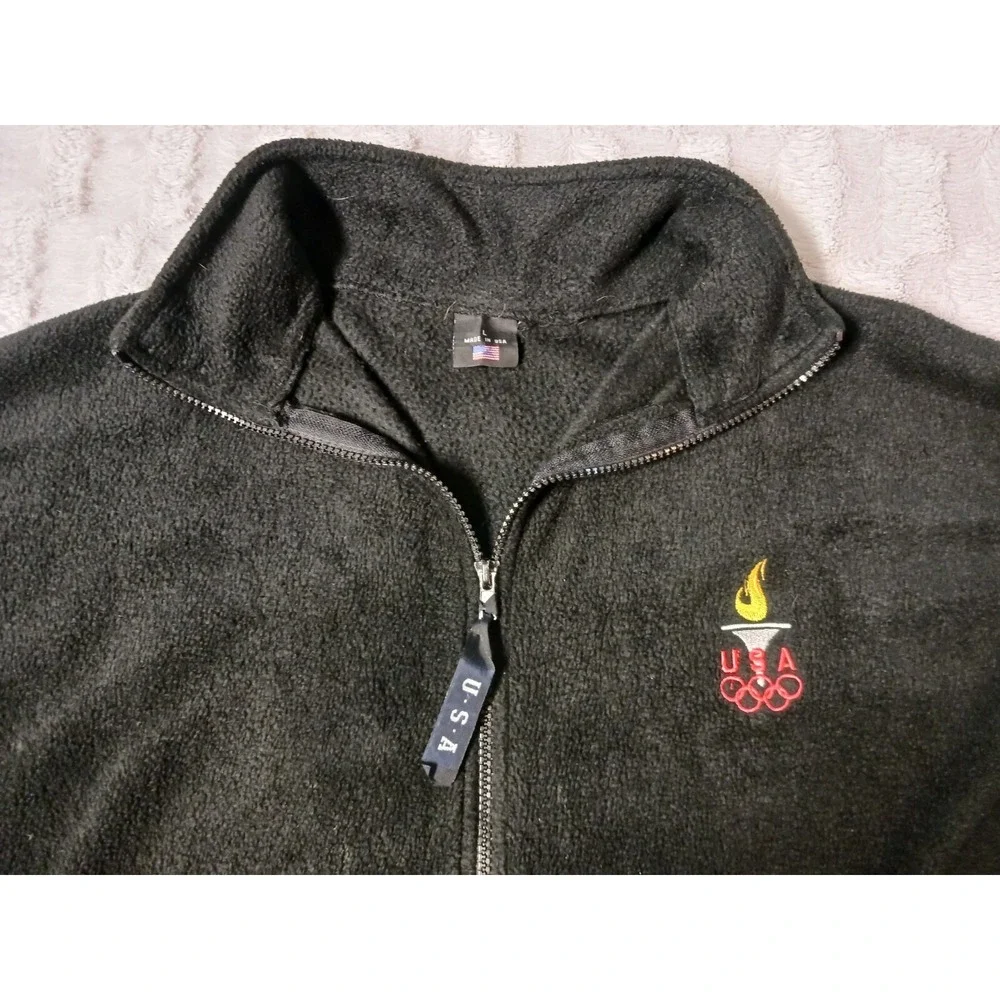 Winter Olympics Fleece Jacket Full Zip Black Torch Flame Made in USA Men's Large